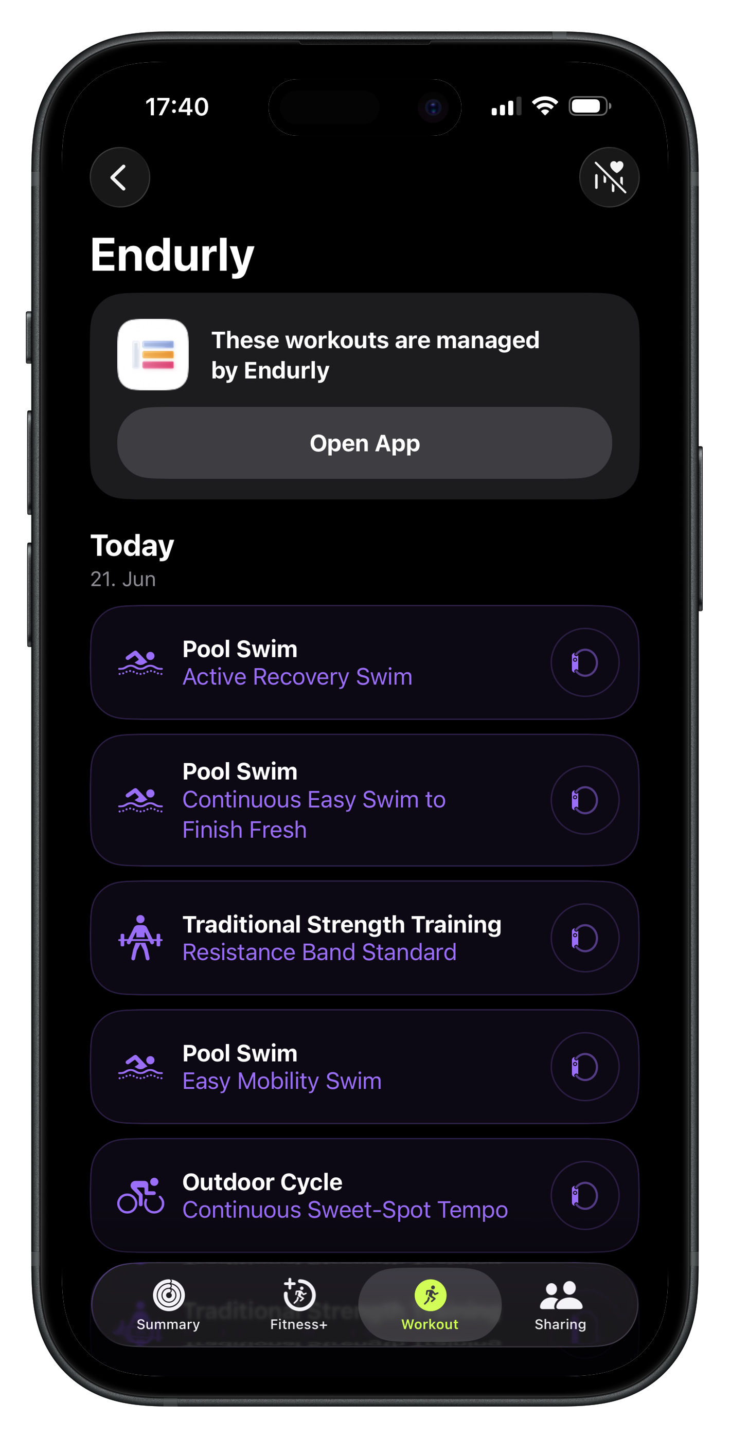 Endurly workouts scheduled to Apple Watch via WorkoutKit on iPhone
